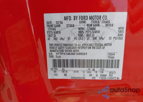 2006 Ford F-150 Fx4/Lariat/Xl/Xlt из США, поврежденный, VIN 1FTPX14536FA95021